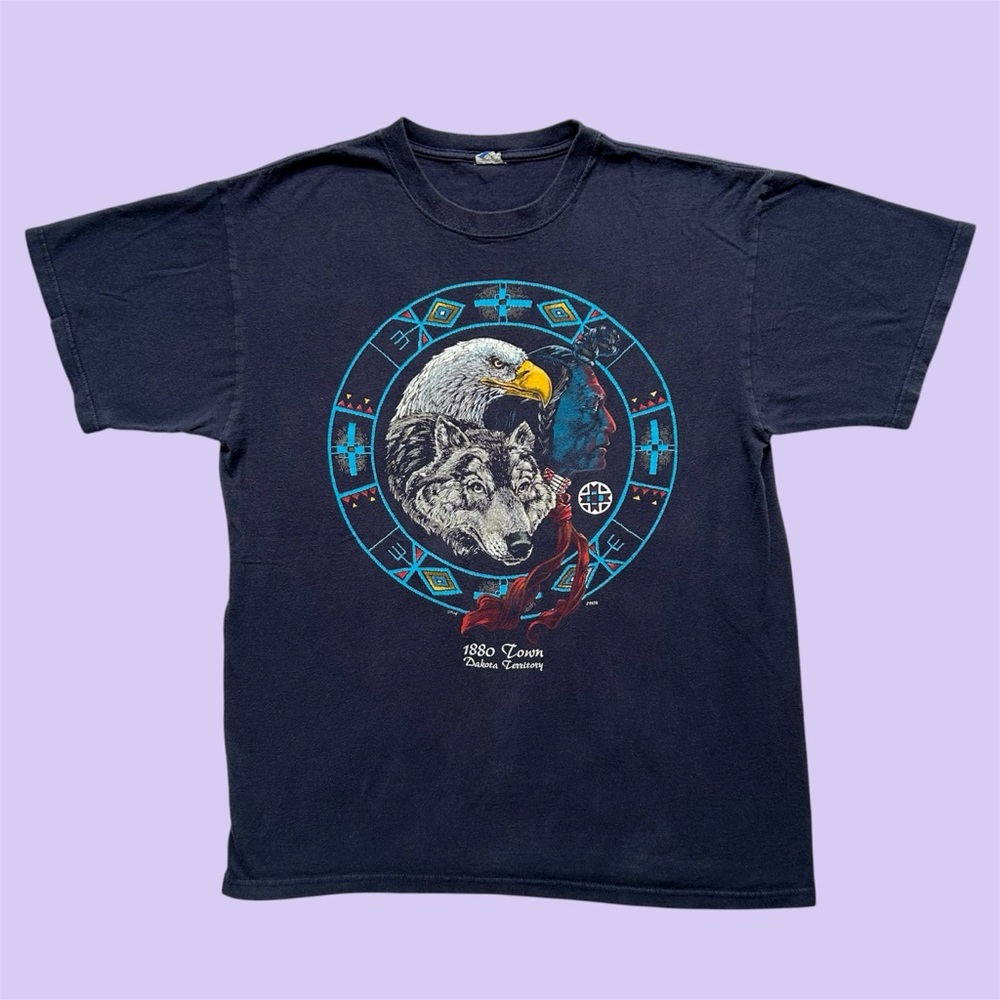 Vintage 90s Native Eagle Wolf 1880 Town Graphic Tee Navy Medium